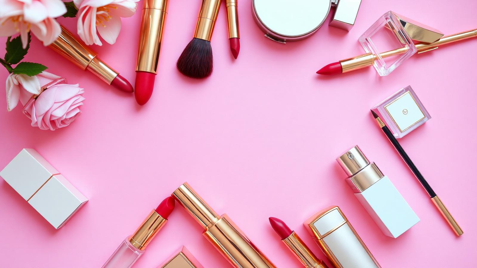 Cosméticos em fundo rosa